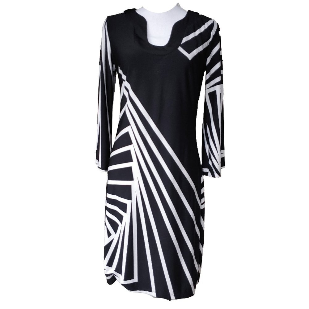 Forever Black White Geometric Minimalist Tunic Sheath Midi Dress - Picture 5 of 7